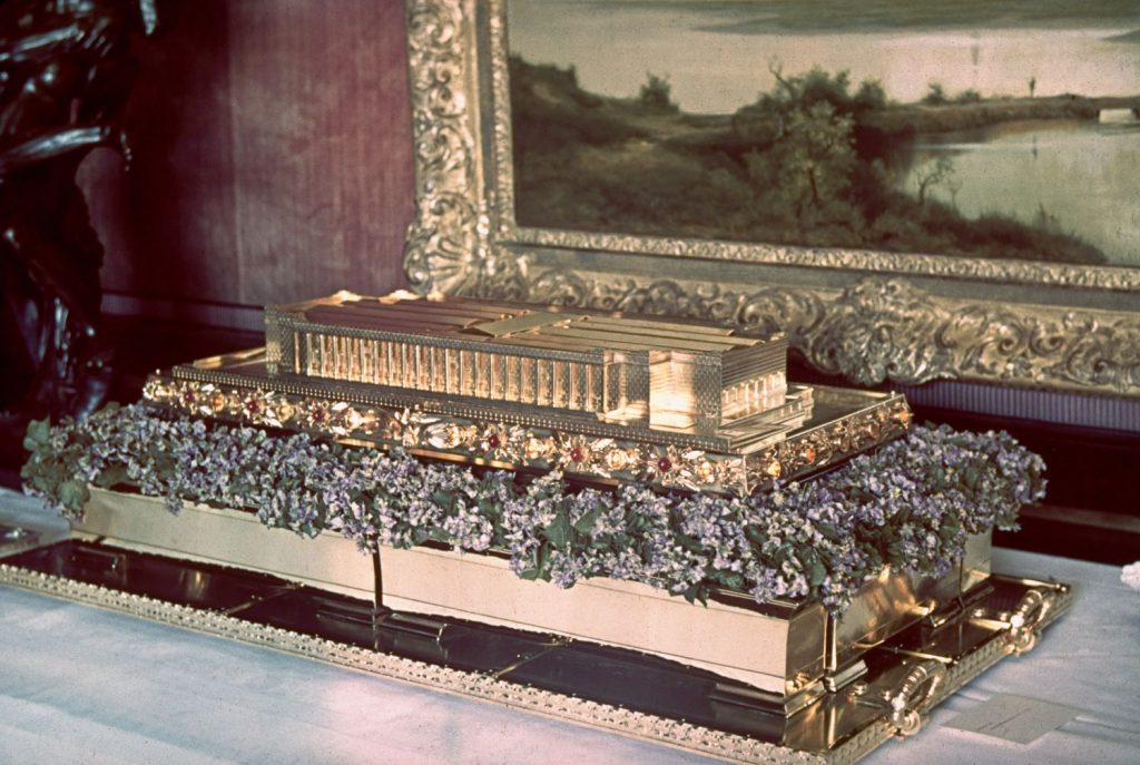 Solid gold model of the Haus der Deutschen Kunst (a celebrated German museum), a gift from Luftwaffe commander   and future suicide at the Nuremberg war crimes trials   Hermann Goering to Adolf Hitler on Hitler's 50th birthday, April 20, 1939.